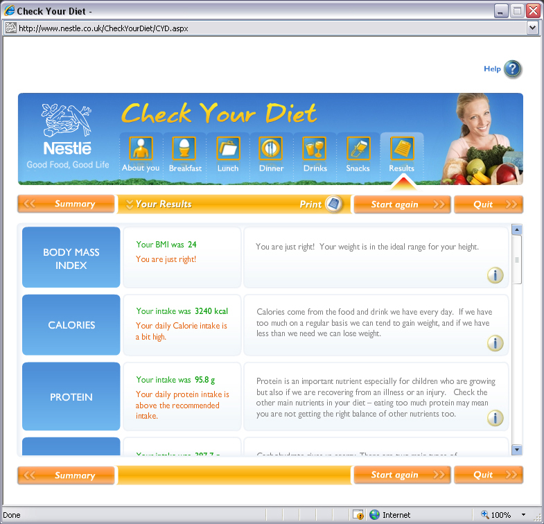 Nestlé – Check Your Diet results page