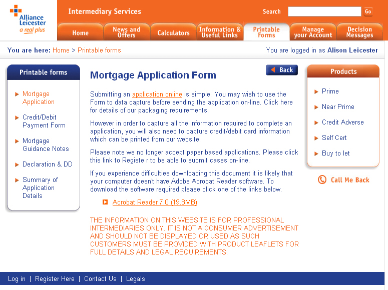 Alliance & Leicester Intermediaries internal page